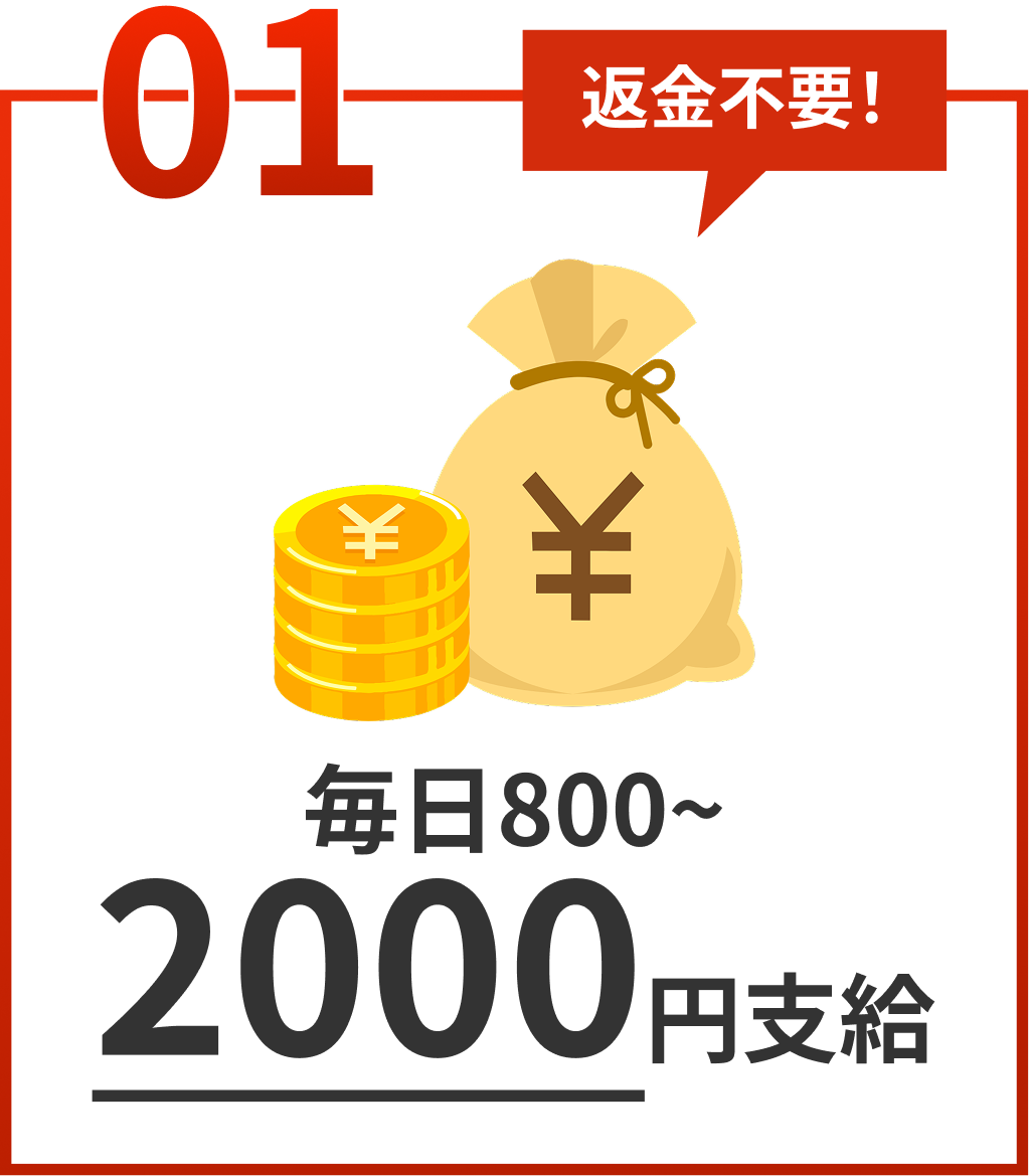 返金不要！毎日800~2000円支給