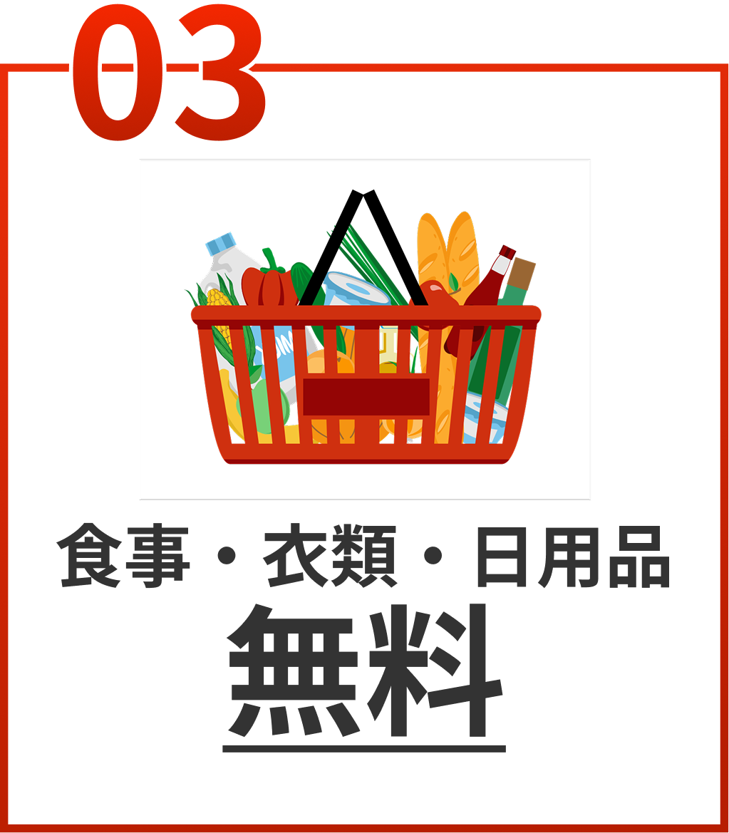 食事・衣類・日用品無料